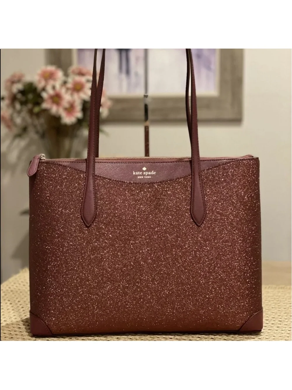 NWT Kate Spade Large Glitter Fabric Tote in Deep Nova burgundy